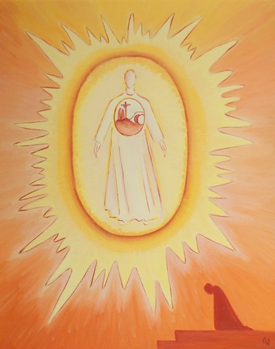 När jag vänder mig till den uppståndne Kristus som är med Fadern i himlen, finner jag i Kristus alla räddande händelser i hans liv som är anledningen till mitt hopp, 2002 (olja ombord) av Elizabeth Wang