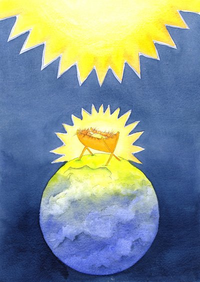Jesus Kristus är människan som skapats av Gud; ändå kom han till jorden inte med makten, utan som en hjälplös baby, 2001 (w/c på papper) av Elizabeth Wang