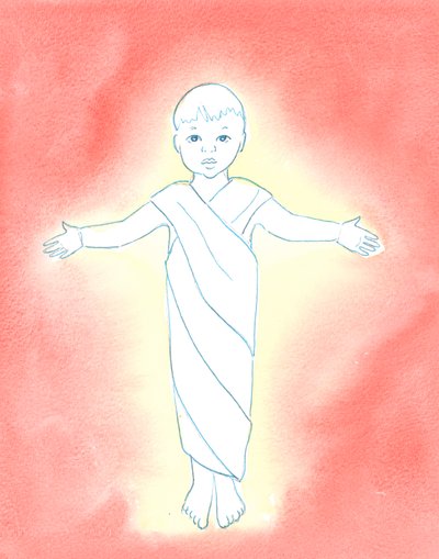 Jesus Kristus är sann Gud, som tog på sig vår mänskliga natur och hade ödmjukheten och godheten att komma ibland oss som ett spädbarn, 2003 (w/c på papper) av Elizabeth Wang