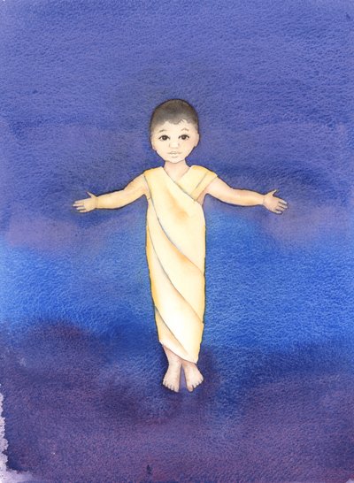 Jesus Kristus är sann Gud, som tog på sig vår mänskliga natur och hade ödmjukheten och godheten att komma ibland oss som ett spädbarn, 2003 (w/c på papper) av Elizabeth Wang