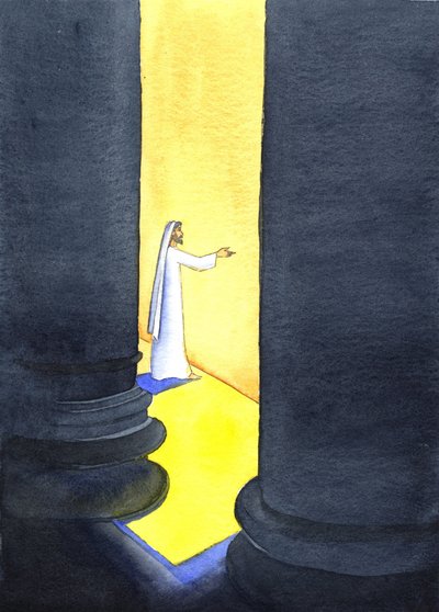 Jesus Kristus predikade i templet, och folkmassorna hängde fast vid hans ord, 2001 (w/c på papper) av Elizabeth Wang