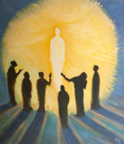 Jesus flammar i himlen med renhet och kraft, 2000 (olja ombord) av Elizabeth Wang