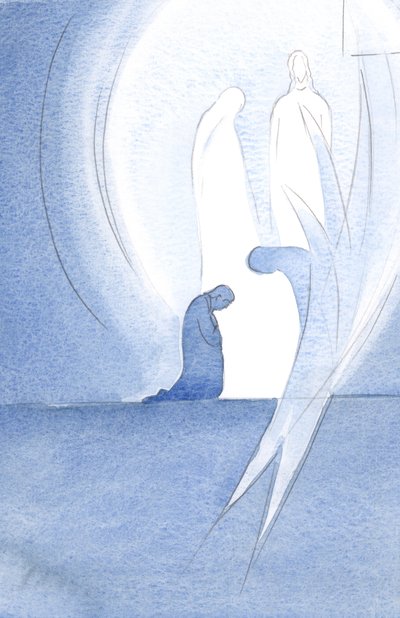 Jesus kom till min själ med sin heliga moder vid nattvarden, osedd, och min ängel förenade sig i lovprisningen av Fadern, 2000 (w/c på papper) av Elizabeth Wang