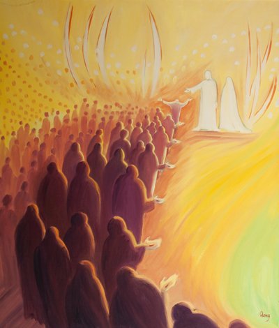 Jesus korsfäst väntar vid himlens port, med sin mor Maria och de heliga änglarna, 2000 (olja ombord) av Elizabeth Wang