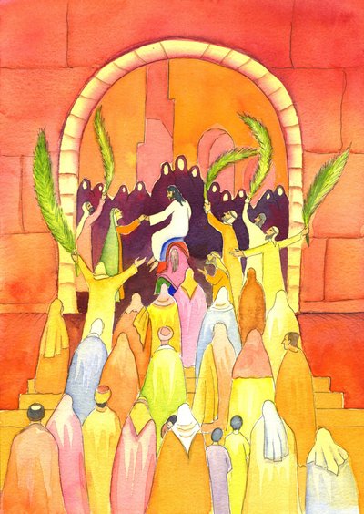 Jesus går in i Jerusalem i procession (palmsöndagen), 2001 (w/c på papper) av Elizabeth Wang