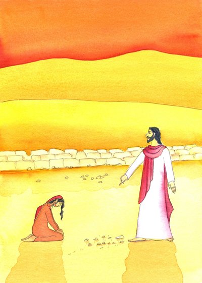 Jesus förlåter kvinnan som fångats i äktenskapsbrott, 2006 (w/c på papper) av Elizabeth Wang