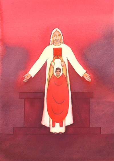 Jesus själv talar till oss genom de heliga skrifterna, särskilt när evangeliet förkunnas vid mässan 2003 (w/c på papper) av Elizabeth Wang