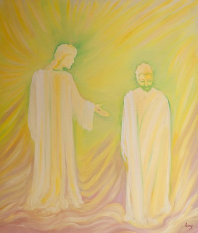 Jesus hedrar Sankt Josef sin fosterfar och ber oss att beundra hans dygder och be om hans böner, 2000 (olja ombord) av Elizabeth Wang