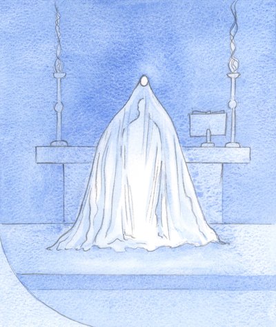 Jesus är Gud-med-oss, vid invigningen, beslöjar sin härlighet, men all den härlighet som är gömd för oss här erbjuds här till Fadern., 2001 (w/c på papper) av Elizabeth Wang