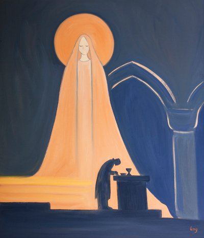 Jesus är verkligen Marias Son; allt han har, i sin heliga mänsklighet, kommer från hans heliga moder, 2000 (olja ombord) av Elizabeth Wang