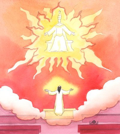Jesus, vår Gud och Frälsare, ber med oss och för oss vid varje mässa, oavsett vilka "moln" av sorg eller kaos som verkar fylla våra liv, 2004 (w/c på papper) av Elizabeth Wang