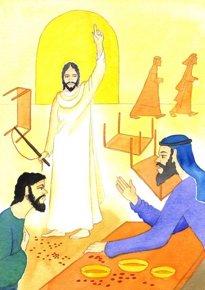 Jesus säger till växlarna i templet: Står det inte skrivet: "Mitt hus skall kallas ett bönehus för alla folken?", 2001 (w/c på papper) av Elizabeth Wang