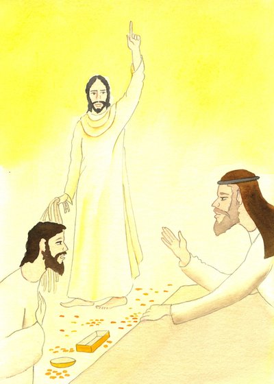Jesus säger till växlarna i templet: Står det inte skrivet: "Mitt hus skall kallas ett bönehus för alla folken?", 2001 (w/c på papper) av Elizabeth Wang