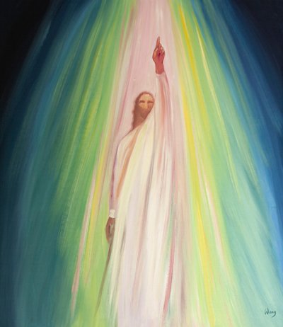 Jesus uppmanar oss att närma oss Fadern och rikta våra böner till honom, 2001 (olja ombord) av Elizabeth Wang
