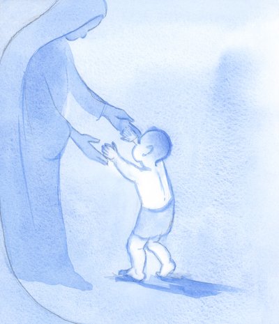 Precis som Kristus stadigt rullade framåt, hållen av sin mor, så kan vi gå som enkla förtroendefulla barn, orädda och hoppfulla, 2002 (w/c på papper) av Elizabeth Wang