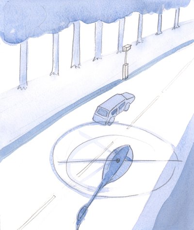 Precis som en förare på en huvudväg numera inte kan undgå att bli uppmärksammad och fotograferad, 2004 (w/c på papper) av Elizabeth Wang