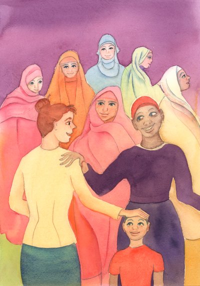 Precis som en mamma njuter av alla sina barn, med alla deras olikheter, så njuter Gud av de olika raser som vi tillhör, med våra olika olikheter., 2004 (w/c på papper) av Elizabeth Wang