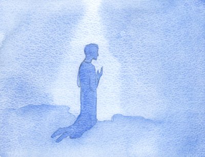 På knä på en sluttning i Galileen prisade Jesus Gud och tackade honom för hans heliga moder och för hennes kärlek och böner., 2001 (w/c på papper) av Elizabeth Wang