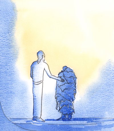 Som fattiga tiggare behöver vi Kristi hjälp, som vädjar till Fadern å våra vägnar, närhelst vi ber i hans namn, 2002 (w/c på papper) av Elizabeth Wang