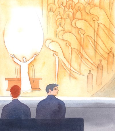 Många katoliker har ingen aning om vad som egentligen händer under mässan, 2005 (akvarell på papper) av Elizabeth Wang