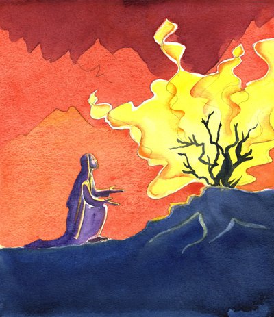 Moses och den brinnande busken, 2001 (w/c på papper) av Elizabeth Wang