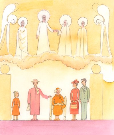 De flesta anser att en drottning handlar rätt när hon ser till att hennes mor - "drottningmodern" - hedras både vid privata och statliga högtider, 2005 (akvarell på papper) av Elizabeth Wang