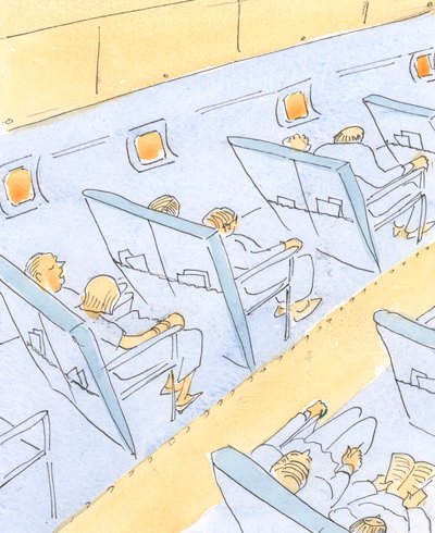 På vår resa till himlen litar katoliker på navigatören och piloten (Gud) och är tacksamma för vanlig mat (sakramenten), 2004 (w/c på papper) av Elizabeth Wang