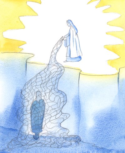 När ett helgon ser oss närma sig en helgedom, och när vi ser vår hängivenhet, släpper ett helgon ner ett "nät" av nåd, för att föra oss närmare himlen, 2002 (w/c på papper) av Elizabeth Wang