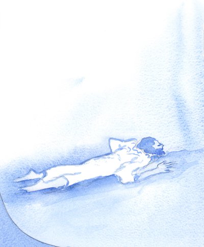 En som väljer att ignorera Kristus vänder ryggen åt den blödande gestalten som led döden för våra synder, 2002 (w/c på papper) av Elizabeth Wang