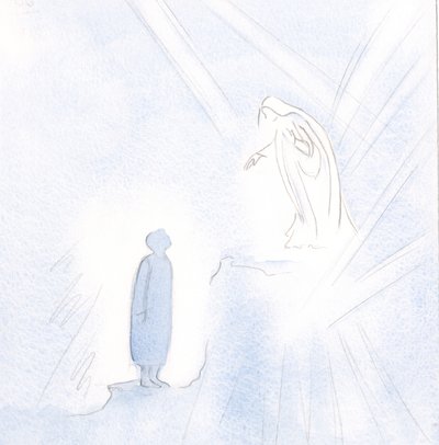 Vår välsignade fru är långt över oss i nåd och helighet, men vi får inte vara rädda för att närma oss henne., 2001 (w/c på papper) av Elizabeth Wang