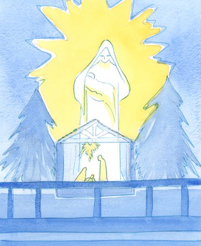 Our Blessed Lady stod i Lady Chapel, i ära, och visade hur hon delar vår glädje på högtiden för sin sons födelse, Our Lord, 2003 (w/c på papper) av Elizabeth Wang