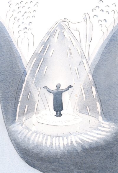 Vår heliga Moder Maria sprider nåd som regn, så snart vi ber Gud om hennes hjälp. Genom henne överöses vi med välsignelser, 2000 (w/c på papper) av Elizabeth Wang