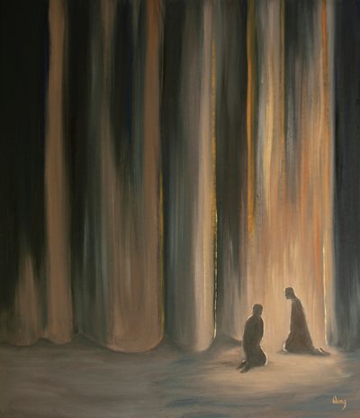 Våra böner, även i mörker, förenar oss med Jesus, som förbereder oss för den himmelska härligheten som ligger bakom ridån, 2001 (olja ombord) av Elizabeth Wang