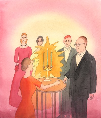 Människor i tv-program avbildas "före" och "efter", när de lär sig sociala färdigheter, 2004 (w/c på papper) av Elizabeth Wang