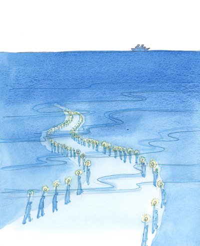 Människor som dör medan de ber (som de som dog när de bad rosenkransen på Titanic) marscherar längs en väg som verkar leda till mörker, 2002 (w/c på papper) av Elizabeth Wang