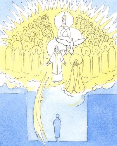 Personlig bön, i vårt "hemliga rum", görs aldrig ensam; genom Kristus är vi närvarande med hela himlens sällskap, 2004 (w/c på papper) av Elizabeth Wang