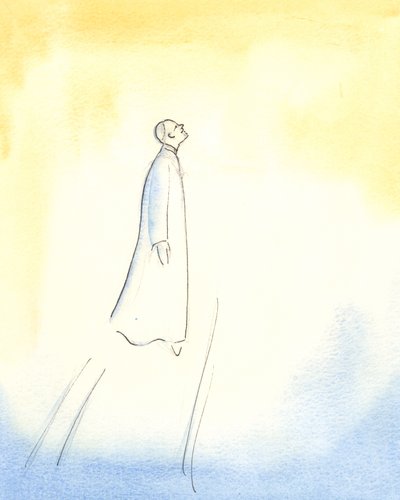 Påven Johannes Paulus II svävar i höjden, efter sin död, och fortsätter snabbt till himlen, så fullständig var hans förening med Gud och så stor hans helighet, enkelhet och renhet., 2006 (w/c på papper) av Elizabeth Wang