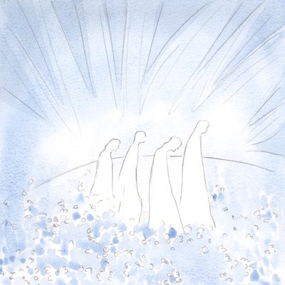 Renade själar går nu på en blommatta, i glädje och enkelhet, befriade från all cynism och hårdhet., 2001 (w/c på papper) av Elizabeth Wang