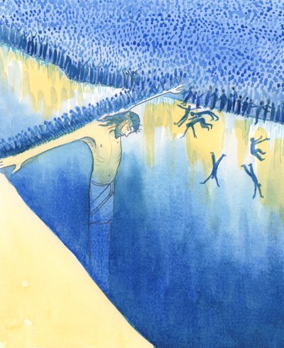 Vissa människor tror inte på "bron till himlen", som är Kristus; eller så låter de sig föras bort av folkmassan för att följa en annan, gudlös livsstil, 2003 (w/c på papper) av Elizabeth Wang