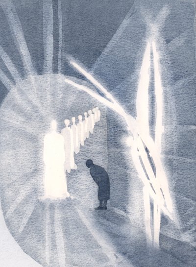 Ibland är Kristus närvarande för själen, i sin härlighet, tillbedd av vår skyddsängel. Vi behöver bara närvara och älska 2000 (w/c på papper) av Elizabeth Wang