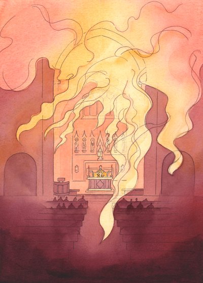 Den Allhelige och Majestätiska Guden är närvarande med oss i vår helgedom, som en flammande eld som når ut genom hela byggnaden, 2003 (w/c på papper) av Elizabeth Wang