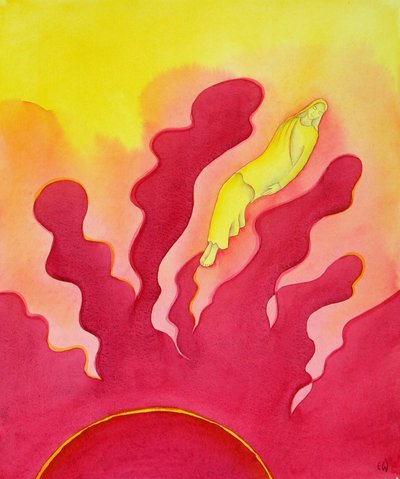 The Assumption of the Blessed Virgin Mary, som lyftes upp till himlen av den helige Ande, 2001 (w/c på papper) av Elizabeth Wang