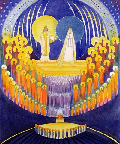 Jungfru Marias kröning och alla heligas härlighet, 2003 (w/c på papper) av Elizabeth Wang