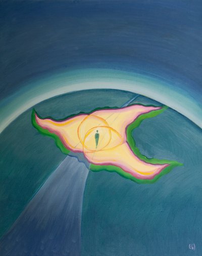 De gudomliga personerna är som tre lågor i en eld, vars närvaro och skydd omsluter oss på vår jordiska resa, 2001 (olja ombord) av Elizabeth Wang