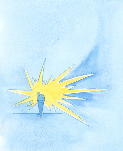 Fadern i himlen ser en liten gestalt som böjer sig inför honom och brinner som en diamant. Inget ärr finns kvar från sedan länge förlåtna synder, 2002 (w/c på papper) av Elizabeth Wang