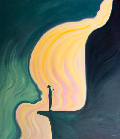 Fadern häller ett vattenfall av nåd över oss när vi ber i Kristi namn, 2001 (olja ombord) av Elizabeth Wang
