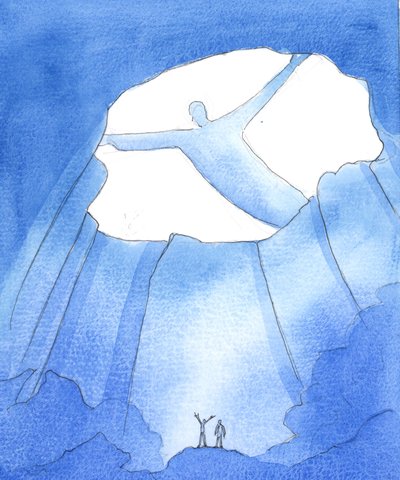 Fadern ser allt som händer oss, när vi lever och arbetar i det jordiska livets "mörker", som i en djup grotta, långt under himlens härlighet, 2005 (akvarell på papper) av Elizabeth Wang