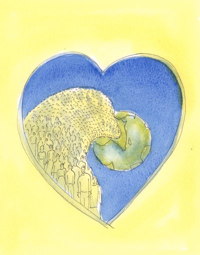 Jesu Kristi hjärta, vår Frälsare, är så stort att det innehåller hela universum, vår värld och alla på den, 2004 (w/c på papper) av Elizabeth Wang
