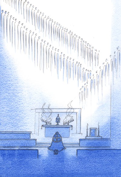 De himmelska vännerna vars liv vi erkänner i trosbekännelsen, är samlade omkring oss. Vi är en familj, 2002 (w/c på papper) av Elizabeth Wang