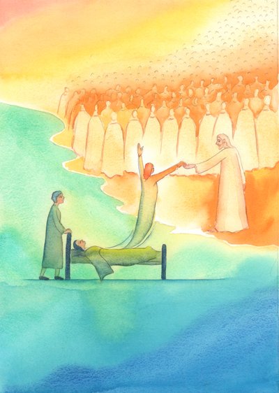 Den heliga själen som är redo för himlen möts inte bara av Kristus, utan också av hans heliga moder och alla heliga, 2003 (w/c på papper) av Elizabeth Wang